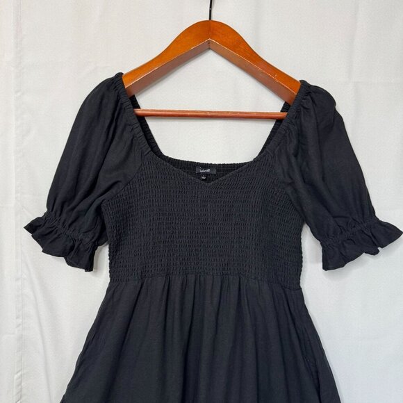 Madewell Black Linen-Blend Lucie Short Puff Sleeve Smocked Mini Dress Size L - Picture 7 of 15